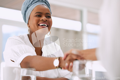 Image of Business woman, handshake and clients in meeting in recruitment welcome, introduction and agreement or success. African people shaking hands for career thank you, hiring interview or partnership deal