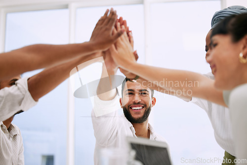 Image of High five, business people and group success, support and teamwork for company sales, meeting goals and winning. Yes, celebration and happy women, men or team hands together for help or target reach