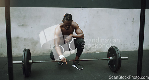 Image of Weightlifting, bodybuilder and black man with barbell in gym for training, exercise and strong workout. Fitness, muscles and male person lifting weights for challenge, wellness and body strength