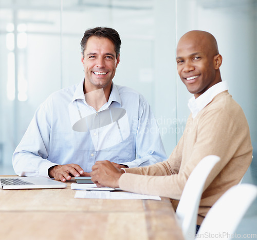 Image of Business, portrait and happy men in a meeting with documents for planning, brainstorming and idea in office. Face, smile and people in creative collaboration for startup, mission and company goal