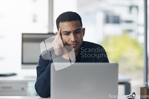 Image of Employee, confused or man with a laptop, tired or doubt with internet connection, glitch or error. Male person, professional or entrepreneur with fatigue, pc or frustration with burnout or exhaustion