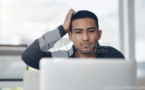 Image of Business, confused and man with a laptop, stress and schedule with internet connection, thinking and online reading. Male person, employee and entrepreneur with a pc, anxiety and glitch with error