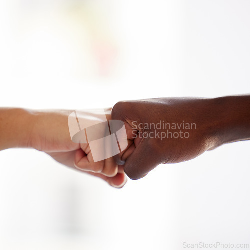 Image of Diversity, fist bump and hands of people in support of power, solidarity and collaboration against white background. Hands, connection and men friends in partnership with trust, teamwork or equality