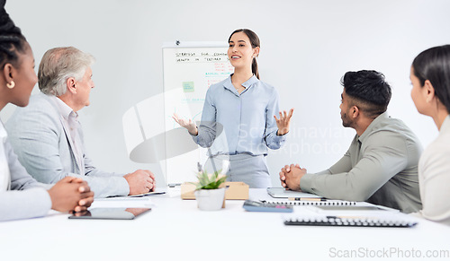 Image of Presentation, woman speaker and team in business meeting, market research and economy strategy workshop. People at training seminar, leadership and brainstorming collaboration at finance firm