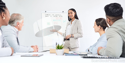 Image of Presentation, woman speaker and team in meeting with market research and economy strategy workshop. Business people at training seminar, leadership and brainstorming collaboration at finance firm