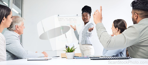 Image of Questions, presentation and business people, leader or manager on whiteboard, finance solution or stats update. Yes, speaking and african woman, man and hands in air for financial feedback in meeting