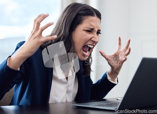 Image of Professional, woman and shouting with anger with laptop at the office with problem online work. Female employee, frustrated and shout at computer with stress, screaming, angry at a corporate company.