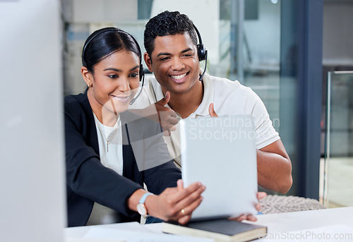 Image of Selfie, happy people or team in call center with tablet with smile on fun break together in telecom office. Woman, friends or customer service interns taking pictures for social media photo at job