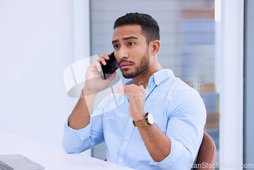 Image of Phone call, planning and businessman talking to a contact, networking and mobile communication in an office. Corporate, employee and man or professional in conversation using a smartphone app