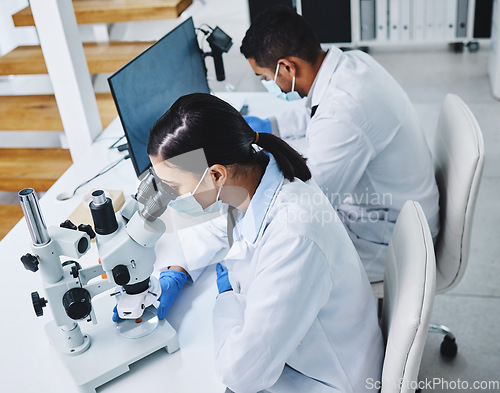 Image of Science, laboratory and scientists with microscope and computer for research, medical analysis and lab test. Healthcare, biotechnology and man and woman with equipment for sample, experiment and exam