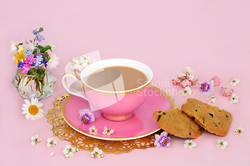 Image of Chocolate Chip Cookies Tea Cup and Spring Flower Arrangement 