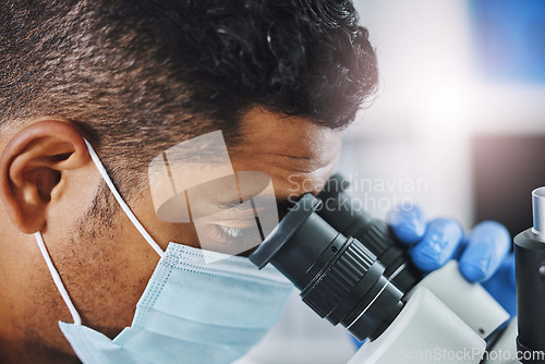 Image of Science, laboratory and man with microscope for research, medical analysis and lab test for sample. Healthcare, biotechnology and face of male scientist with equipment for virus, experiment and exam