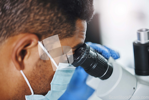 Image of Science, laboratory and man looking in microscope for research, medical analysis and lab test. Healthcare, biotechnology and male scientist with equipment for virus sample, experiment and examine