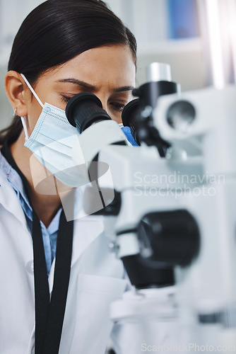 Image of Science, laboratory and woman with microscope for medical analysis, research and lab test. Healthcare, biotechnology and female scientists with equipment for sample, experiment and examine virus