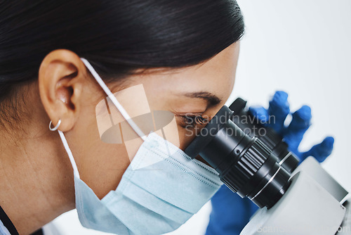 Image of Science, laboratory and face of woman with microscope for medical analysis, research and lab test. Healthcare, biotechnology and female scientists with equipment for sample, experiment and virus