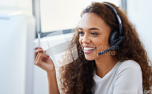 Image of Call center, consulting and online with woman in office for telemarketing, customer service and ecommerce help desk. Advisory, sales and contact us with female consultant at computer for crm agent