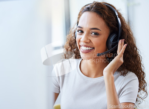 Image of Call center, portrait and business woman in office for telemarketing, customer service and ecommerce help desk. Advisory, sales and contact us with female consultant at computer for crm agent