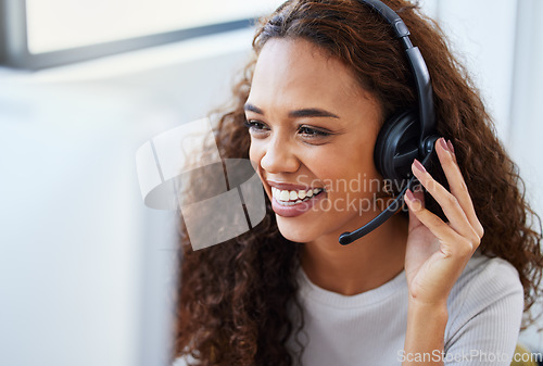 Image of Call center, consulting and listening with woman in office for telemarketing, customer service and ecommerce help desk. Advisory, sales and contact us with female consultant for crm agent and online