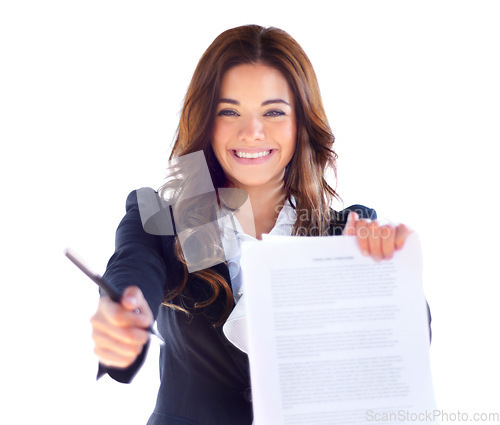 Image of Pen, paper and portrait of lawyer woman to sign contract or legal document for agreement. Happy and excited female attorney with deal or writing for signature isolated on a white background in studio