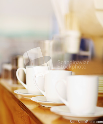 Image of Closeup, collection of tea or coffee mug and porcelain, cup with plate on table with background mockup. White, glass and breakfast catering service set for cafe, hotel hospitality or restaurant