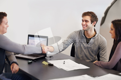 Image of Handshake, smile and couple with salesman new car and excited for development, growth and excitement. Male employee, woman or man with happiness, meeting or vehicle purchase with buyers and dealer