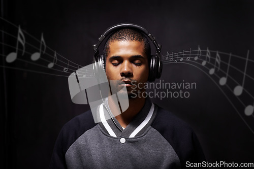 Image of Overlay, music and notes with a man streaming audio in studio on a dark background for peace or escape. Digital, rhythm or beat and a handsome young male listening to the radio with his eyes closed