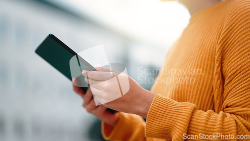 Image of Tablet, outdoor city and woman hands typing for application management, fast networking or business update news. Professional person or busy worker on digital technology for online feedback or email