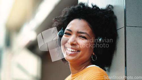 Image of Black woman, portrait or music headphones on isolated yellow background, fashion mockup or wall mock up. Smile, happy or laughing student listening to radio, audio and podcast in trendy or cool cloth