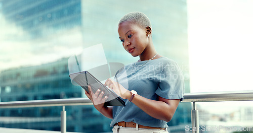 Image of Black woman, business and tablet portrait in city for online communication, networking or trading. Entrepreneur person with urban buildings and 5g network connection for writing email on mobile app