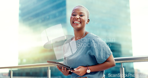 Image of Black woman, business and tablet portrait in city for online communication, networking or trading. Entrepreneur person with urban buildings and 5g network connection for writing email on mobile app