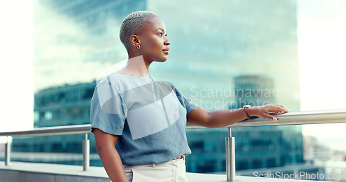 Image of Black business woman in city on balcony and thinking for opportunity, vision and professional mindset. Female leader, ceo, and manager with skills and motivation for career goals as future leader