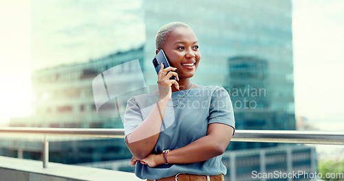 Image of Black woman, business phone call and time management in city outdoor for communication. Entrepreneur person with urban buildings and motivation for networking, schedule and success deal conversation