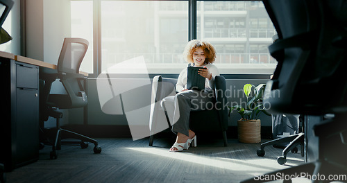 Image of Office tablet, typing and woman reading good review of social network feedback, customer experience or ecommerce. Brand monitoring data, website info or media worker working on online survey analysis