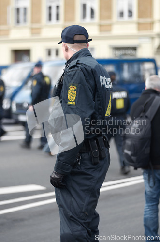 Image of Law enforcement, protection and security with policeman in street for peace, safety and authority. Emergency services, justice and guard with male person in city for help, order and arrest