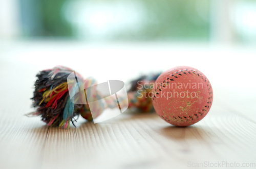 Image of Closeup of chew toys, ball and rope with knot, puppy accessory toy on wood floor with pet care and objects. Color cotton object for games with dog, petshop product and entertainment for domestic pets