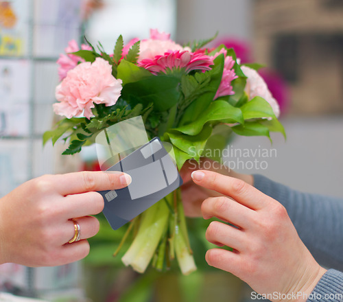 Image of Hands, flowers and credit card for shopping in florist shop, small business or store for purchase. Plastic money, floral bouquet and customer paying, buying or payment for sale of natural plants.