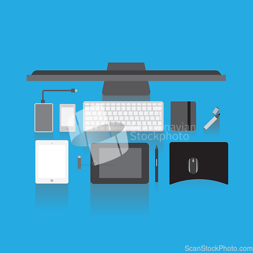 Image of Computer, keyboard and tablet on blue background for online network, workspace planning and application above. Graphic design of desktop pc and digital technology with electronics, mouse and notebook