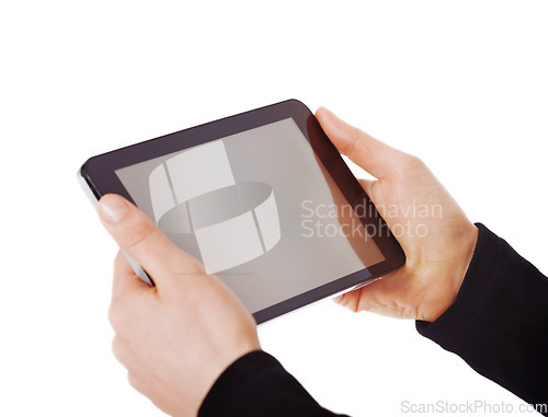 Image of Hands, mockup and digital tablet in a studio for advertising, marketing and branding promo. Technology, communication and model with a mobile with mock up screen isolated by a white background.