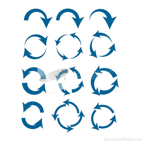 Image of Signs, collection and arrows for recycling on a white background. Direction, graphic and blue recycle icons, eco friendly and circles symbol for environment or sustainability and in studio backdrop.