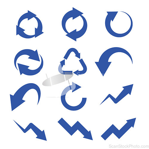 Image of Arrows, direction and recycle icon isolated on white background, abstract and group of icons. Growth, progress and sign with navigation symbol, illustration and graphic with emoji and logo