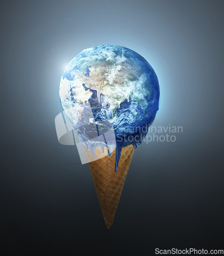 Image of Earth ice cream, cone and globe with climate change, melting and international disaster. Sphere animation, dessert and gelato overlay for sustainability, global warming and clouds for blue planet
