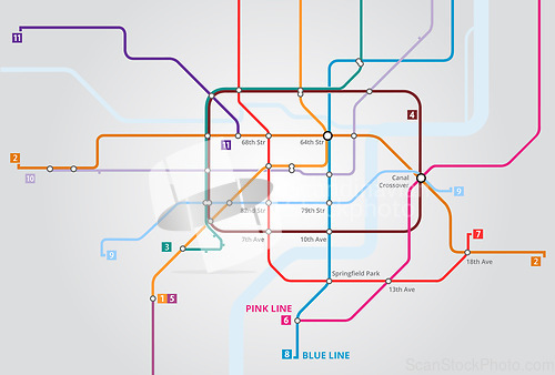 Image of Underground, train railway and map of metro for navigation, travel or public transport with infrastructure. Chart, subway transportation and diagram for urban journey, route or itinerary for location