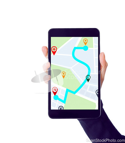 Image of Hands with mobile app, screen or online location for city travel on road map or direction route on white background. Mockup or person with phone ux display of journey, navigation or virtual guide