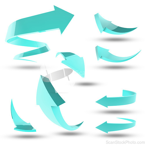 Image of Icons, blue and arrows for design with white background with illustration for online technology. Sign, traffic and graphic with information for direction or network with icon for global vote.