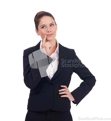 Image of Thinking, business and woman with ideas, opportunity and employee isolated against white studio background. Female person, entrepreneur and consultant with choices, promotion and thoughts with career