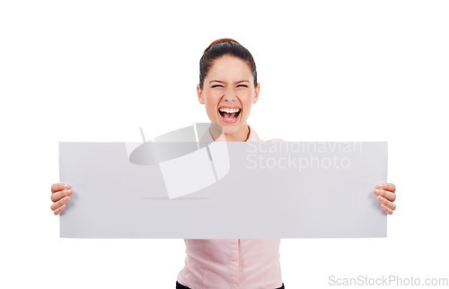 Image of Portrait, mockup and woman with a poster, promotion and girl isolated against a white studio background. Face, female person and model with paper, decision and opportunity with a smile and choice