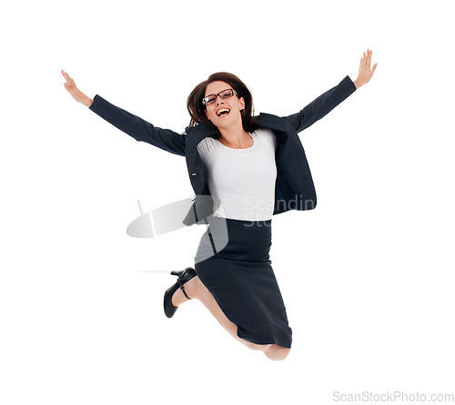 Image of Business woman, jump celebration and studio portrait with freedom, happiness and achievement by white background. Isolated businesswoman, flying and winning with bonus, goals or profit by backdrop