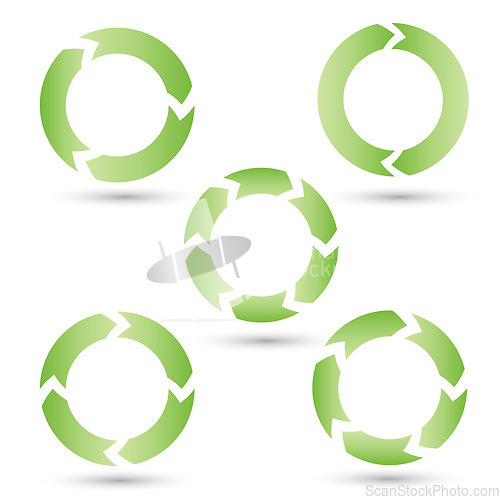 Image of Green, circle and icons of illustration with arrows pointing round against a white background. Collection of isolated circular shape, graphic or symbol of diagram for life cycle, pattern or recycling