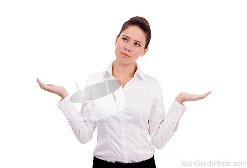 Image of Thinking, shrug and business woman confused over question, doubt or corporate problem. Dont know gesture, raised hands and studio agent, consultant or professional person on white background