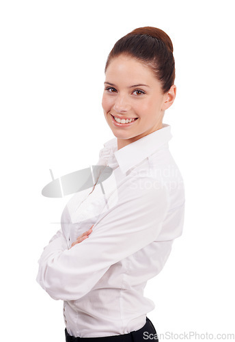 Image of Happy, work and portrait of a woman with arms crossed isolated on a white background in a studio. Smile, pride and a corporate employee with happiness, confidence and professional for a company